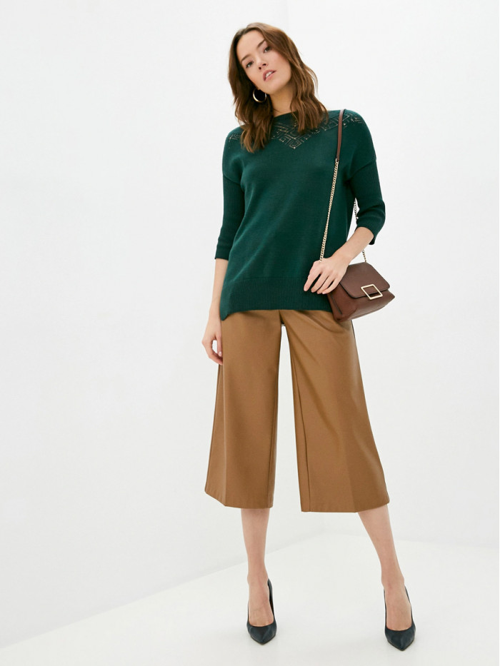 Женский джемпер с ажурной вязкой темно-зеленого цвета ВТЛ-38