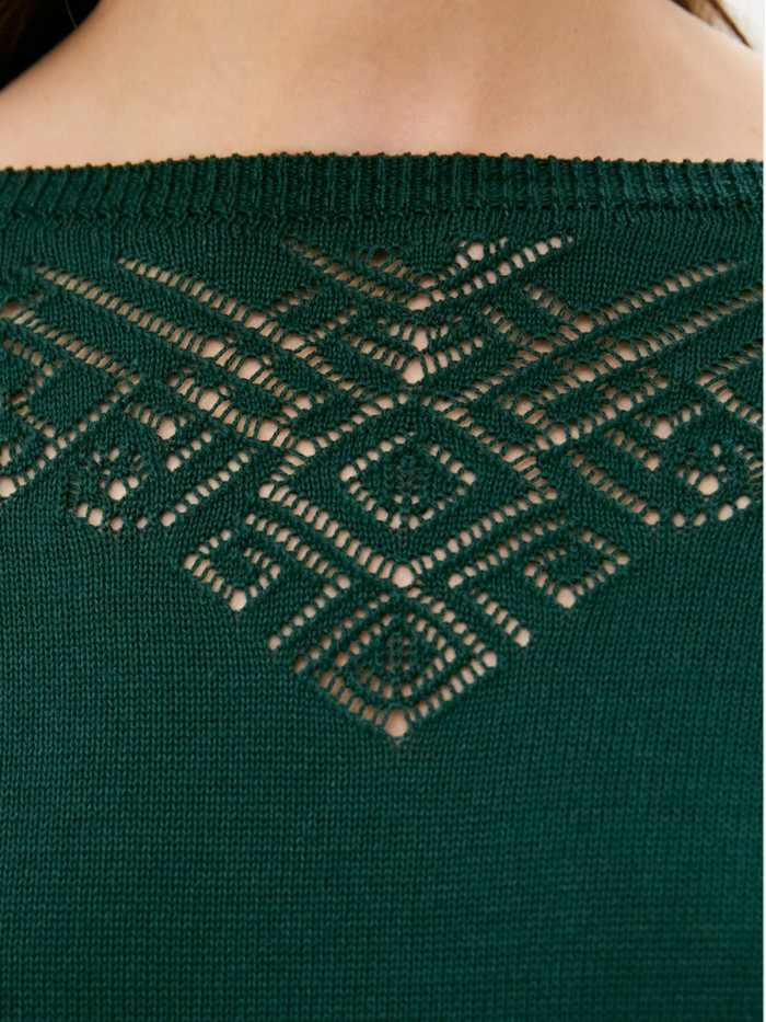 Женский джемпер с ажурной вязкой темно-зеленого цвета ВТЛ-38