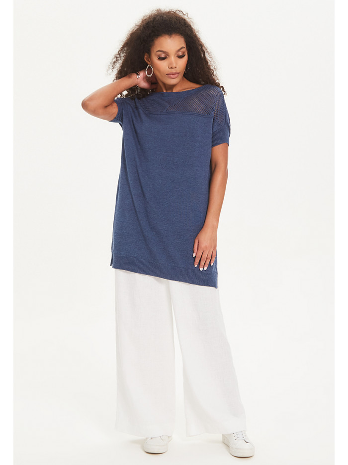 Удлиненный женский летний джемпер с коротким рукавом индиго цвета ВТЛ-40