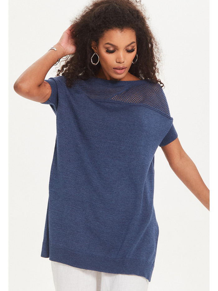 Удлиненный женский летний джемпер с коротким рукавом индиго цвета ВТЛ-40