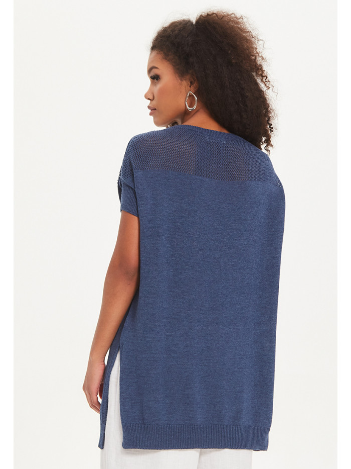Удлиненный женский летний джемпер с коротким рукавом индиго цвета ВТЛ-40