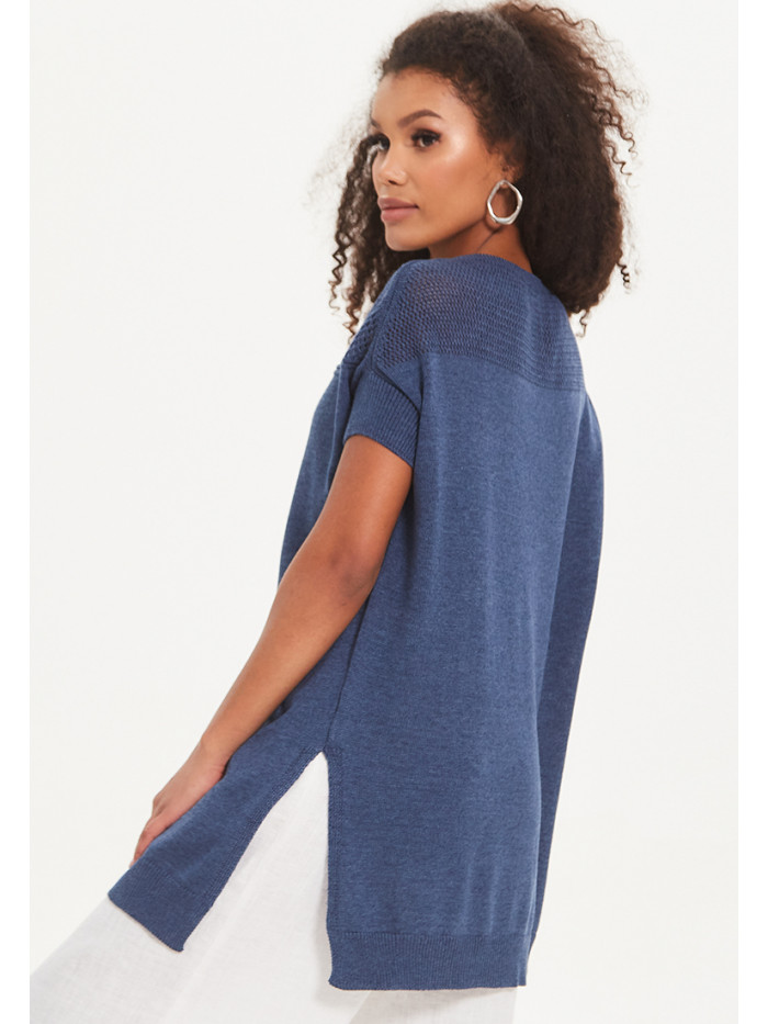 Удлиненный женский летний джемпер с коротким рукавом индиго цвета ВТЛ-40