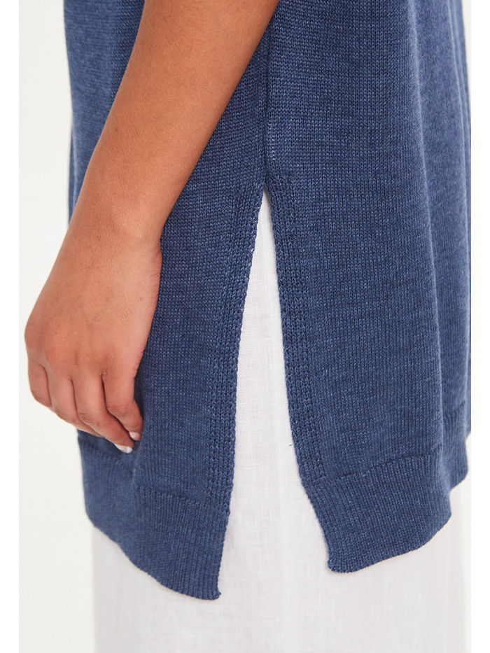 Удлиненный женский летний джемпер с коротким рукавом индиго цвета ВТЛ-40