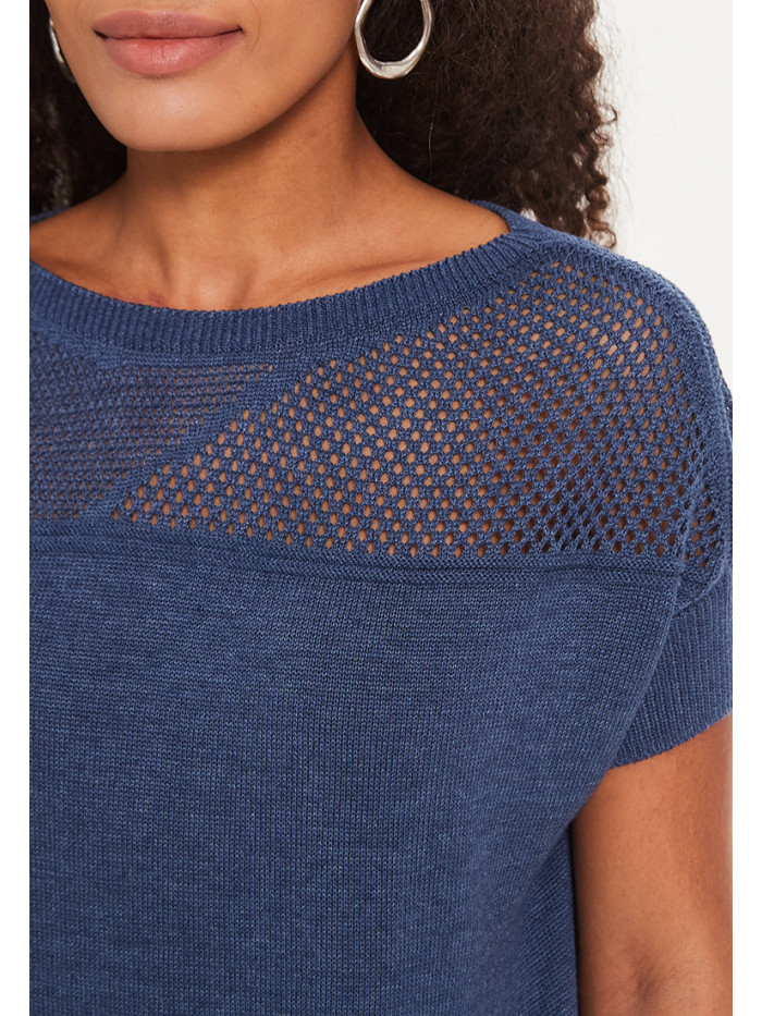 Удлиненный женский летний джемпер с коротким рукавом индиго цвета ВТЛ-40