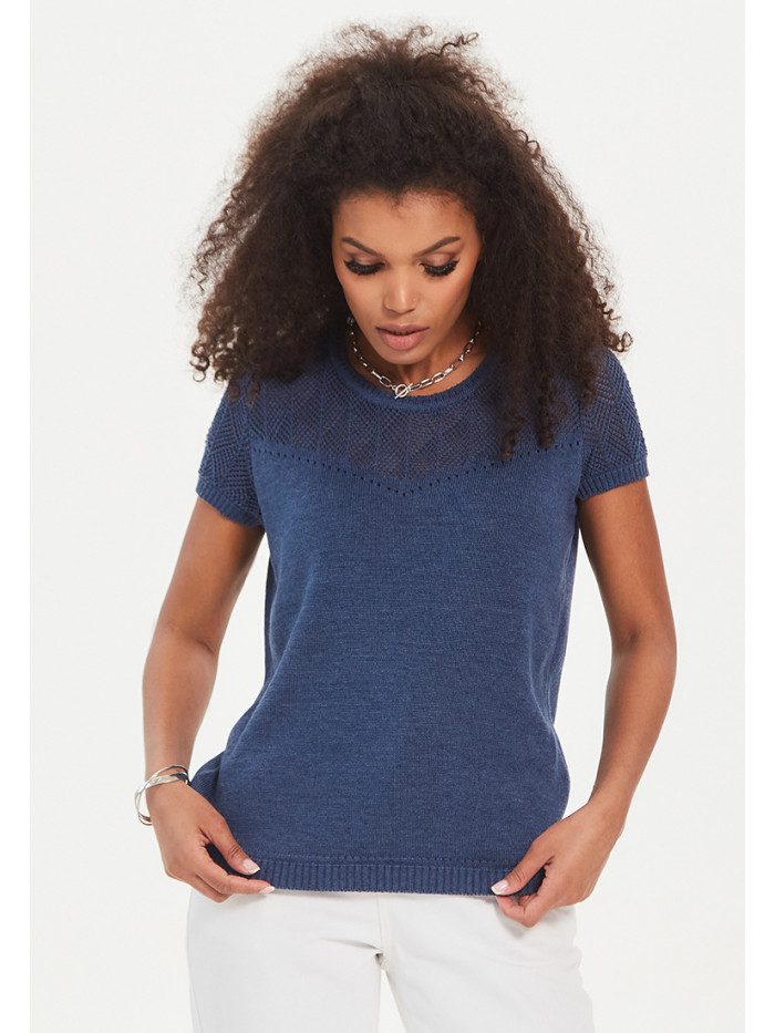 Трикотажный джемпер полуприлегающего силуэта с коротким рукавом индиго цвета ВТЛ-41