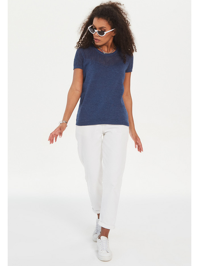 Трикотажный джемпер полуприлегающего силуэта с коротким рукавом индиго цвета ВТЛ-41