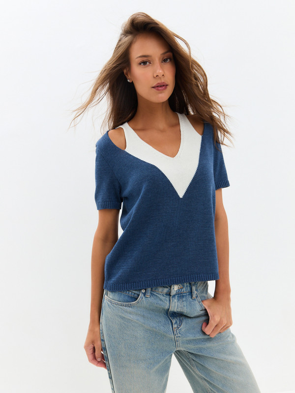 Оригинальный комбинированный джемпер индиго цвета ВТЛ-67