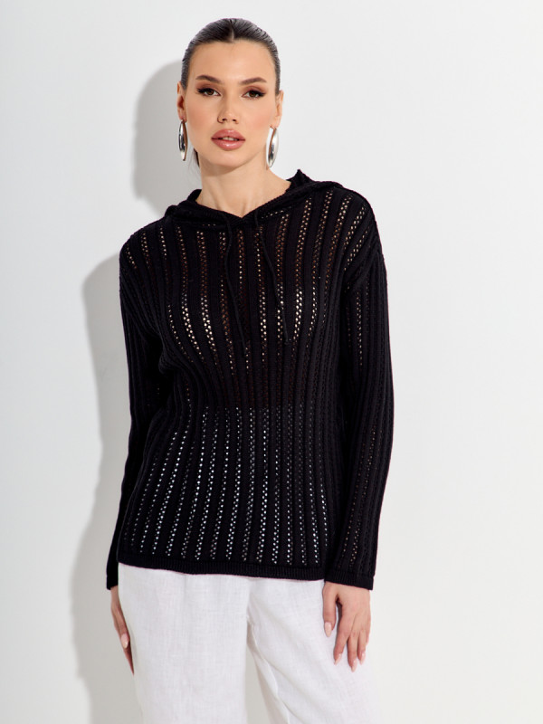 Ажурный джемпер с капюшоном черного цвета ВТЛ-76