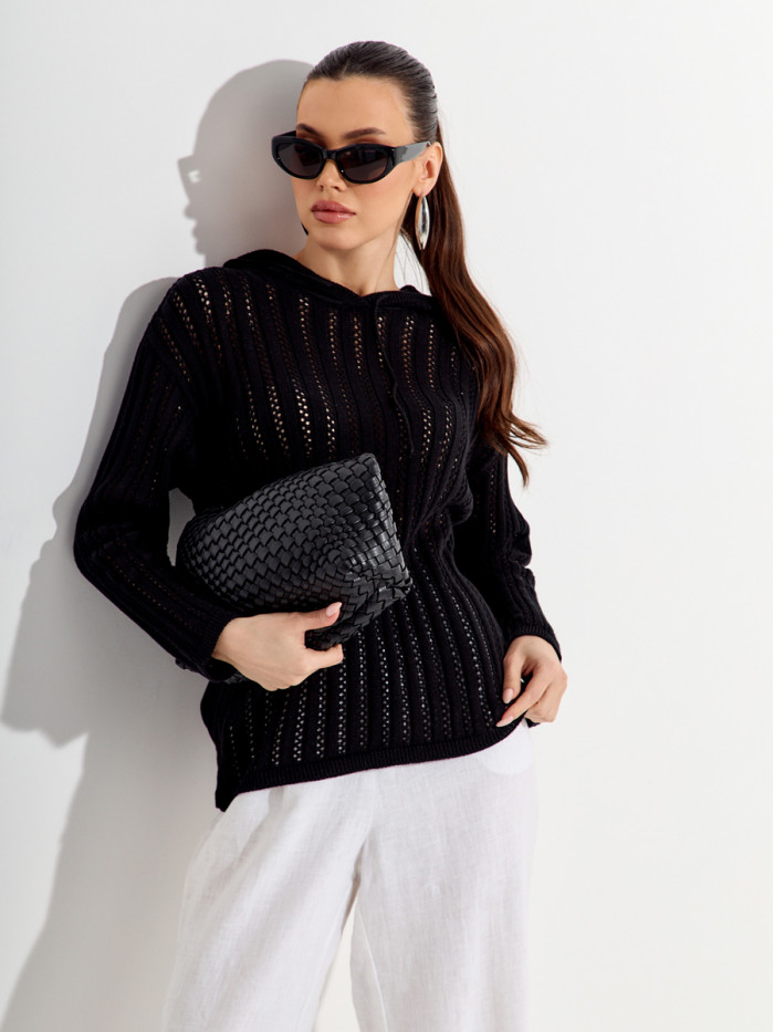 Ажурный джемпер с капюшоном черного цвета ВТЛ-76