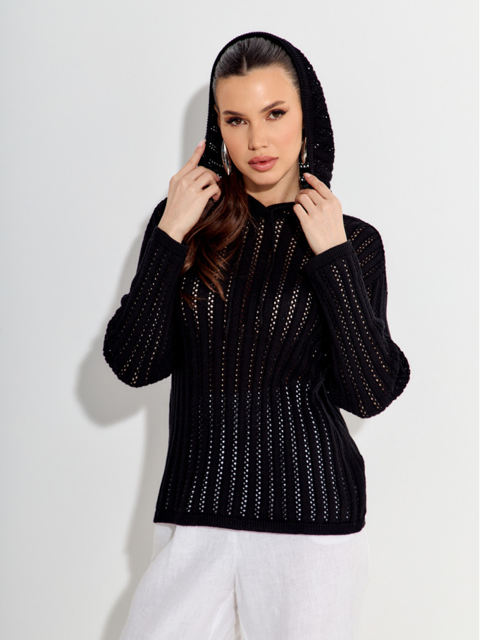 Ажурный джемпер с капюшоном черного цвета ВТЛ-76