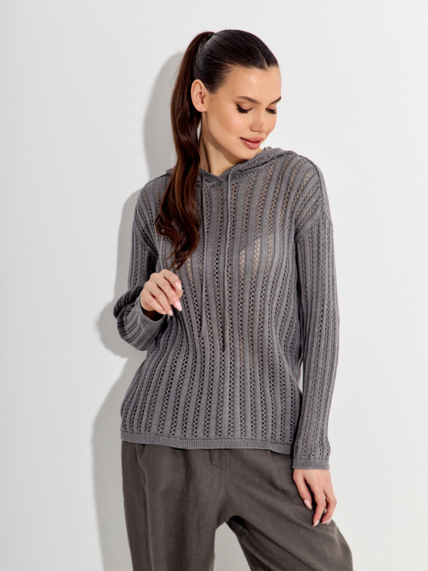 Ажурный джемпер с капюшоном серого цвета ВТЛ-76