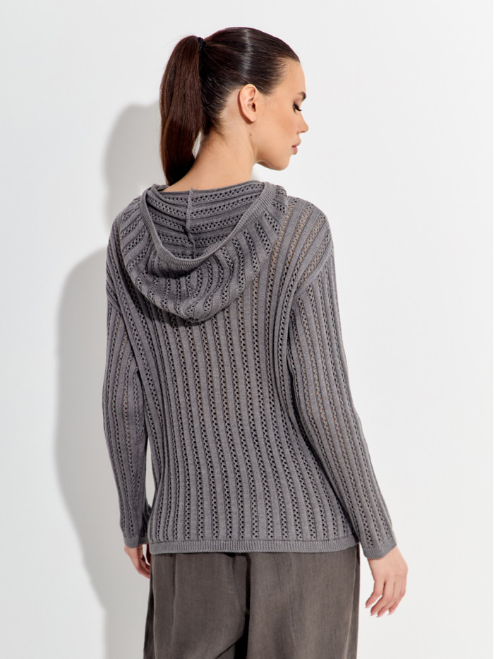 Ажурный джемпер с капюшоном серого цвета ВТЛ-76