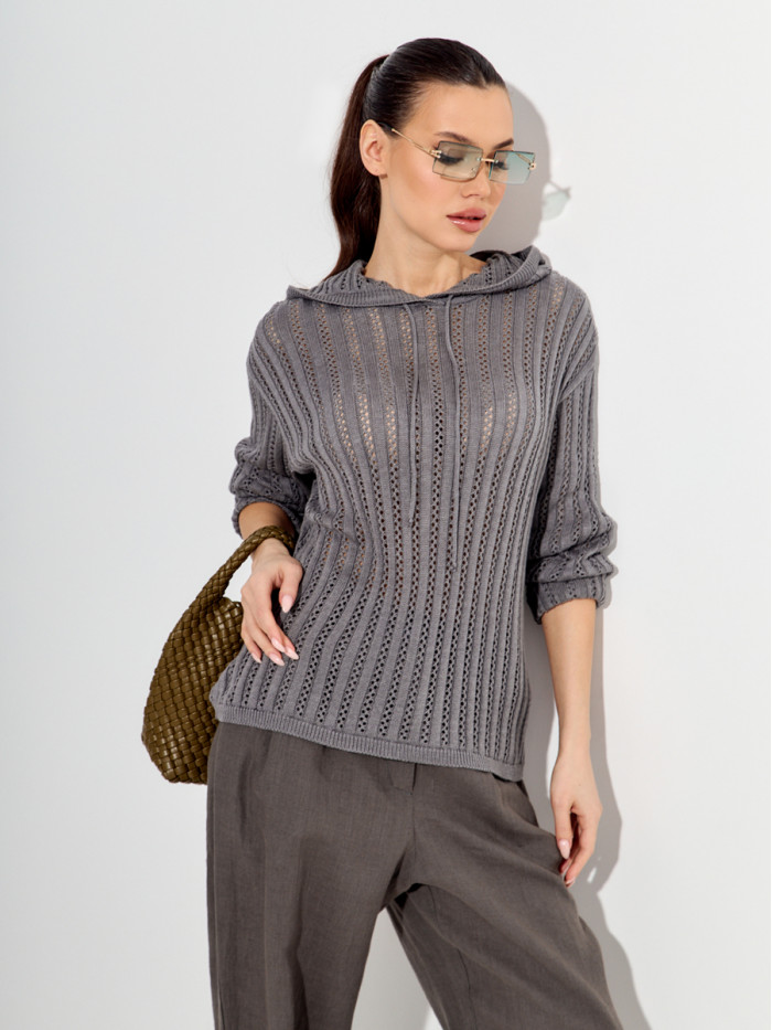 Ажурный джемпер с капюшоном серого цвета ВТЛ-76