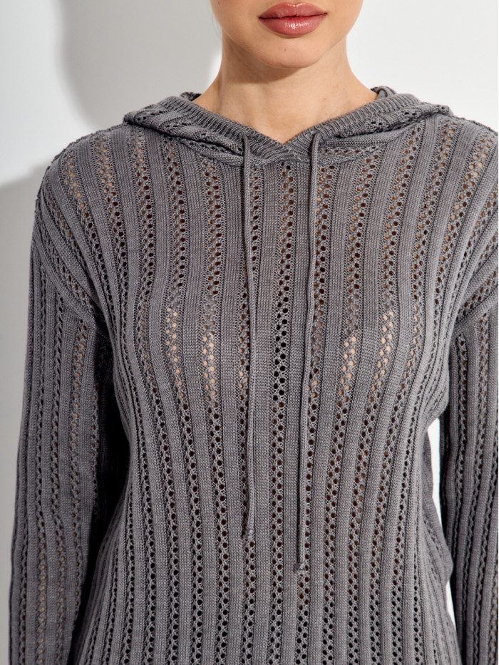 Ажурный джемпер с капюшоном серого цвета ВТЛ-76