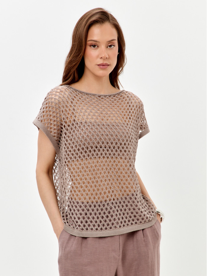 Свободный ажурный джемпер цвет серо-бежевый ВТЛ-85