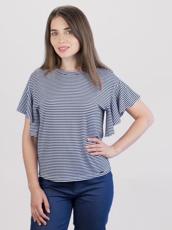 Женская блуза с рукавами воланами бело-синего цвета ВШЛ-07