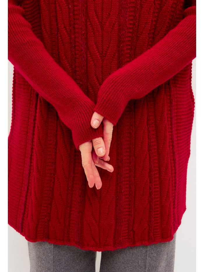 Женский удлиненный джемпер с разрезами красного цвета ВТД-44